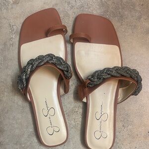 Jessica Simpson Brown and Cream Sandals with Black Braided Detail